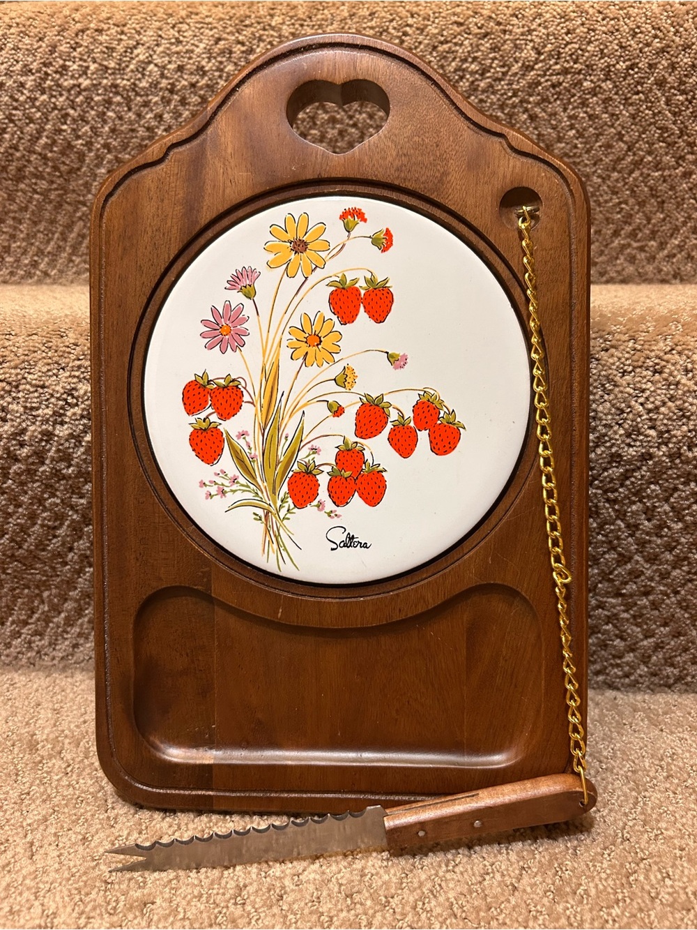 MCM Vtg  Himark Charcuterie Board 8” X 13”  Knife On Chain Strawberry Tile Wood